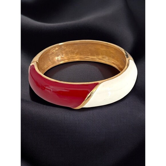 Vintage Bracelet Earring Set Red & Cream Enamel Gold Tone 9I - Picture 6 of 12